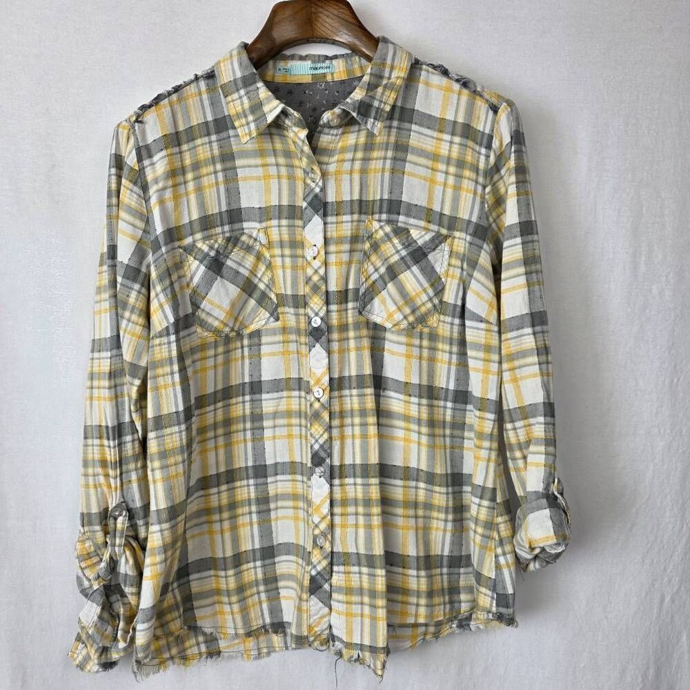 Maurices XL Yellow Gray Plaid Button Front Frayed Hem Shirt - Picture 2 of 11